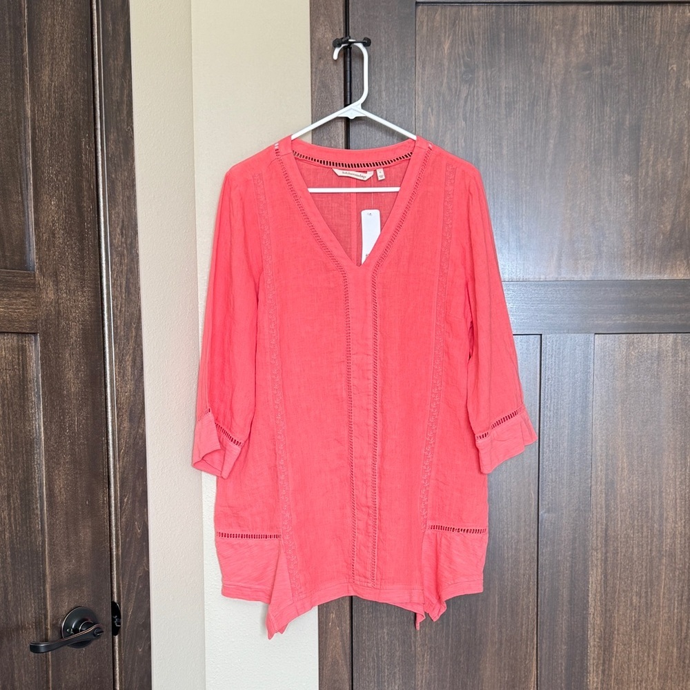 Soft Surroundings Women’s Leonie Coral 100% Linen Tunic Top Size Large NWT